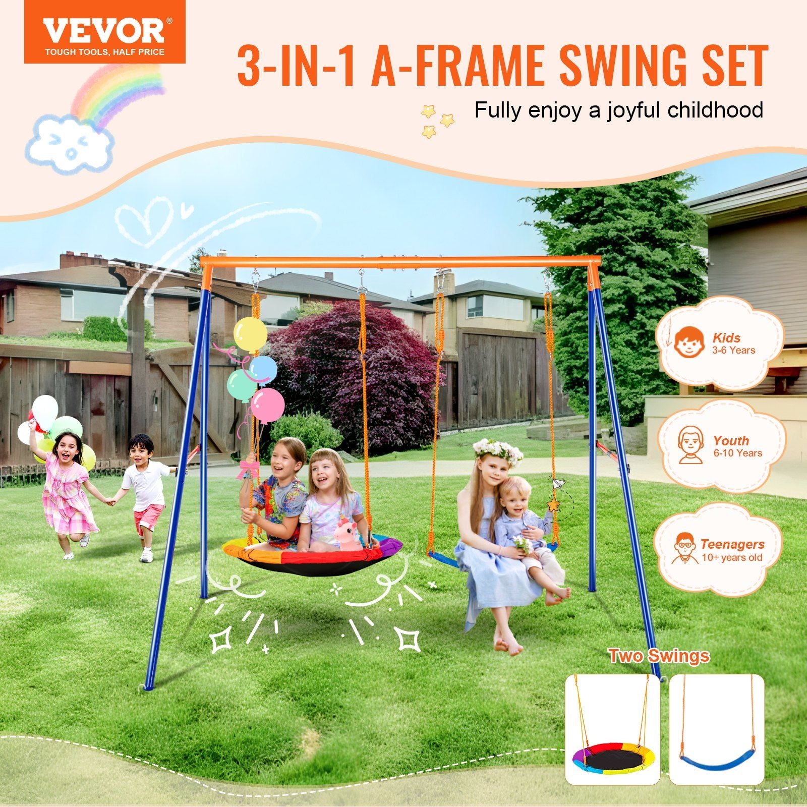 Swing Sets for Backyard, 440lbs Load Capacity Swing Set, with 1 Saucer Swing Seat, 1 Belt Swing Seat, Heavy V952-AXQQTZ2RW000VMH9NV0
