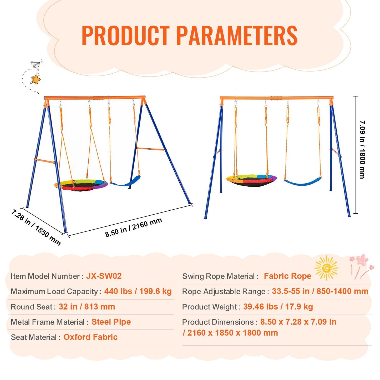 Swing Sets for Backyard, 440lbs Load Capacity Swing Set, with 1 Saucer Swing Seat, 1 Belt Swing Seat, Heavy V952-AXQQTZ2RW000VMH9NV0