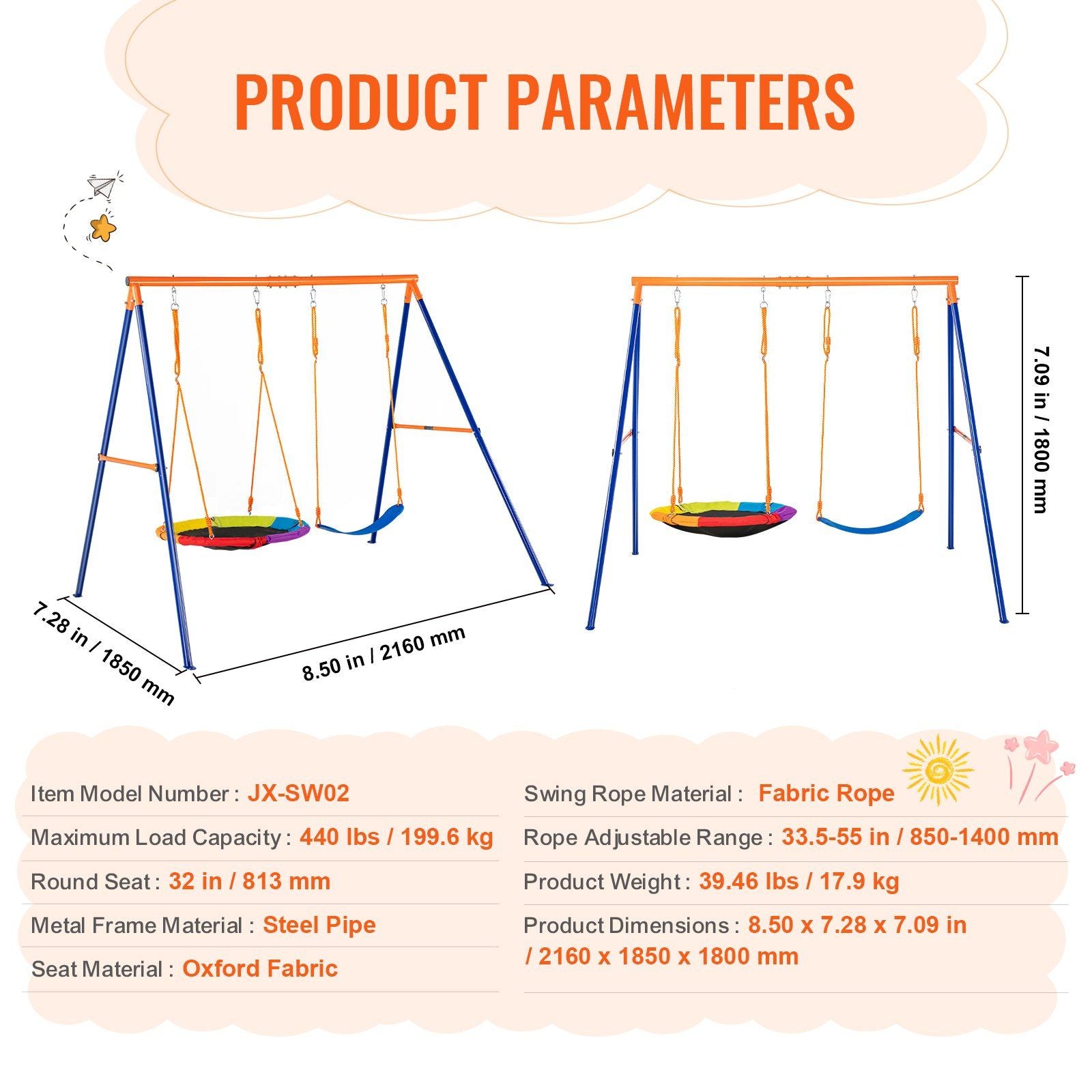 Swing Sets for Backyard, 440lbs Load Capacity Swing Set, with 1 Saucer Swing Seat, 1 Belt Swing Seat, Heavy V952-AXQQTZ2RW000VMH9NV0