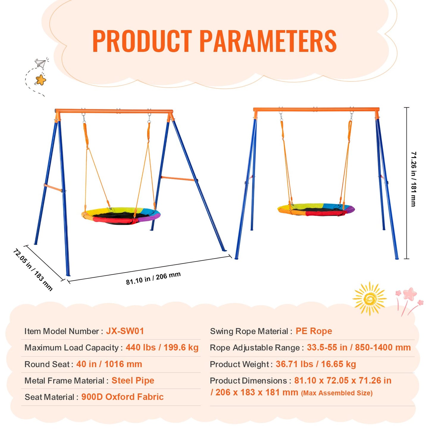 Swing Sets for Backyard 40in Saucer Swing Seat A-Frame Metal Stand 440lbs V952-AXQQTZZW1RW0EWUW4V0