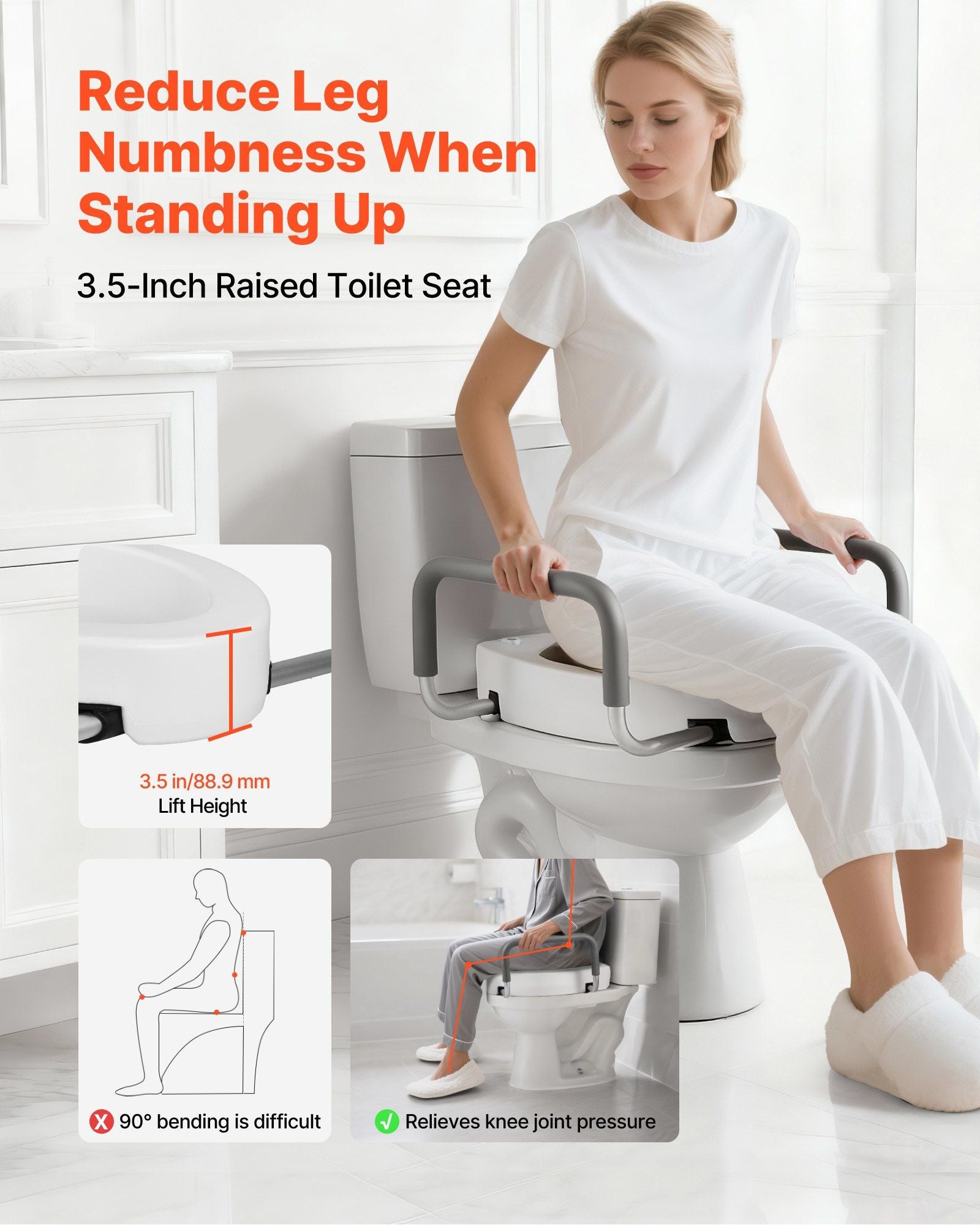 Raised Toilet Seat with Arms, 136.1 kg Load Capacity, 88.9 mm Lift Height, Widened Commode Elevated Toilet V952-AZSJGMTZD35YISHJB001V0