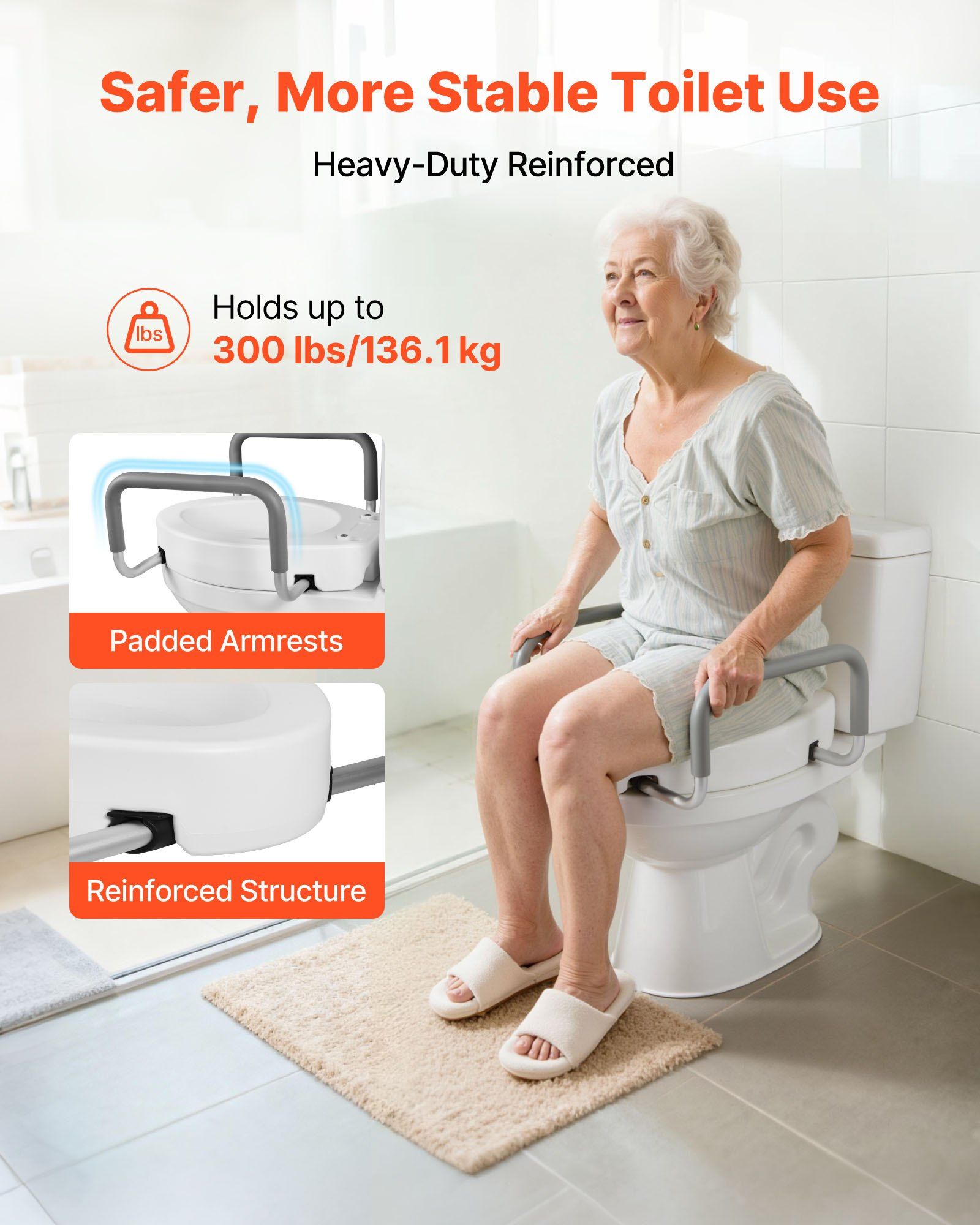Raised Toilet Seat with Arms, 136.1 kg Load Capacity, 88.9 mm Lift Height, Widened Commode Elevated Toilet V952-AZSJGMTZD35YISHJB001V0