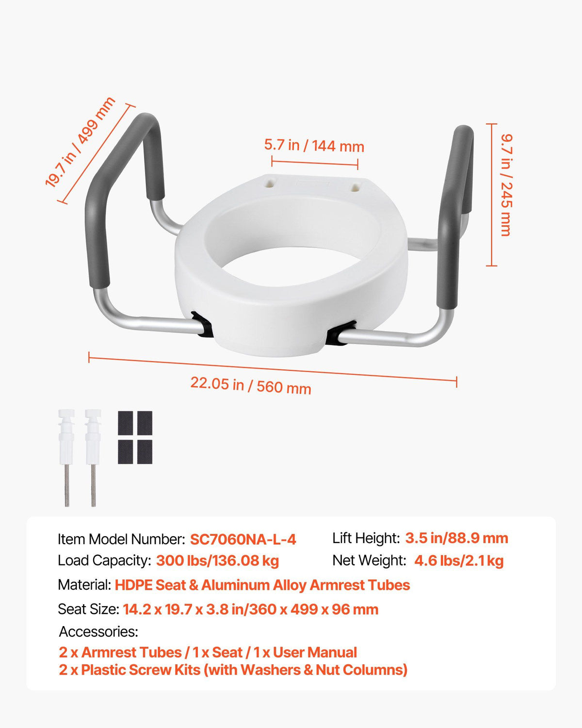 Raised Toilet Seat with Arms, 136.1 kg Load Capacity, 88.9 mm Lift Height, Widened Commode Elevated Toilet V952-AZSJGMTZD35YISHJB001V0