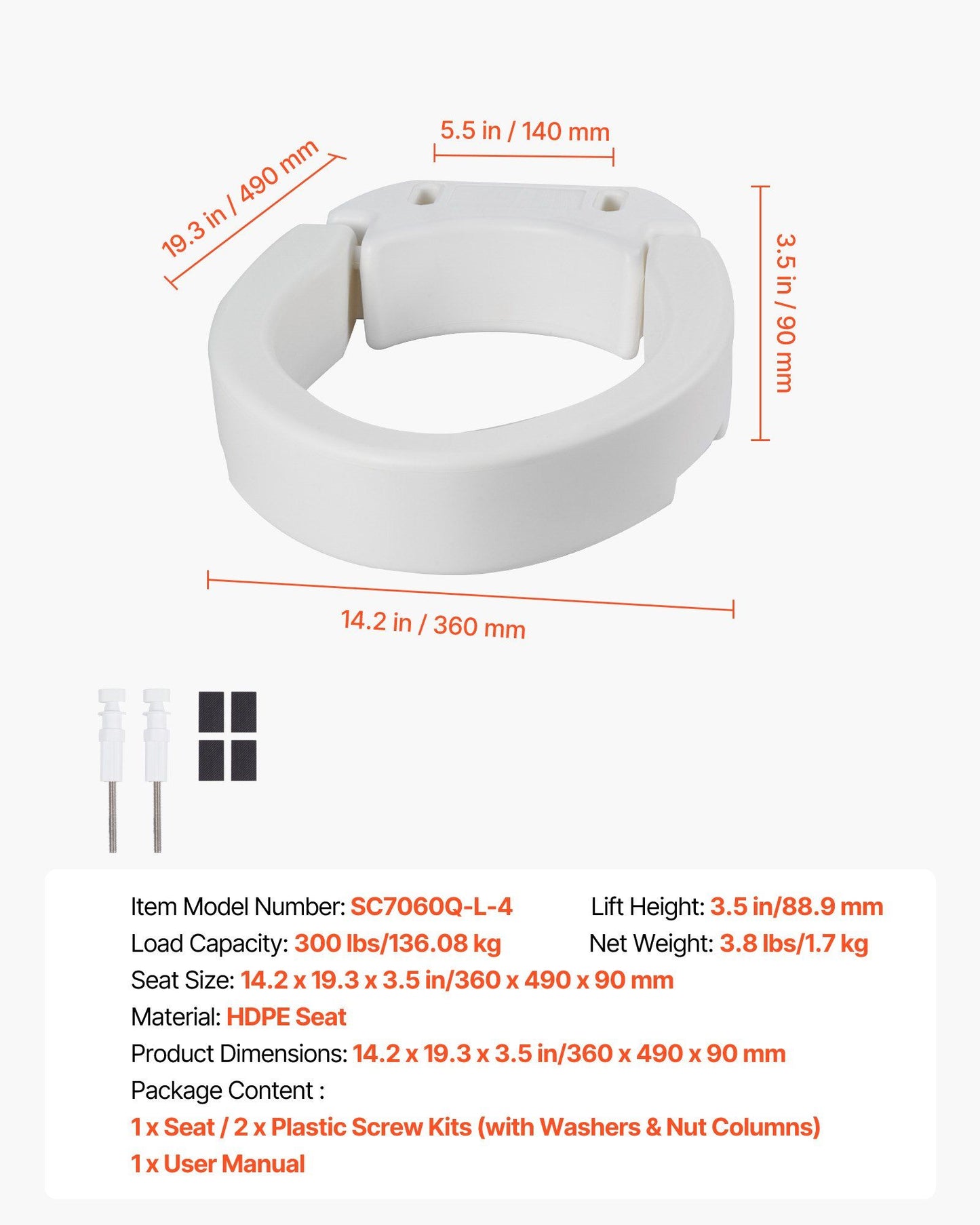 Raised Toilet Seat, 136.1 kg Load Capacity, 88.9 mm Lift Height, Commode Elevated Toilet Seat Riser with V952-AZSJGMTZD35YO6XQR001V0