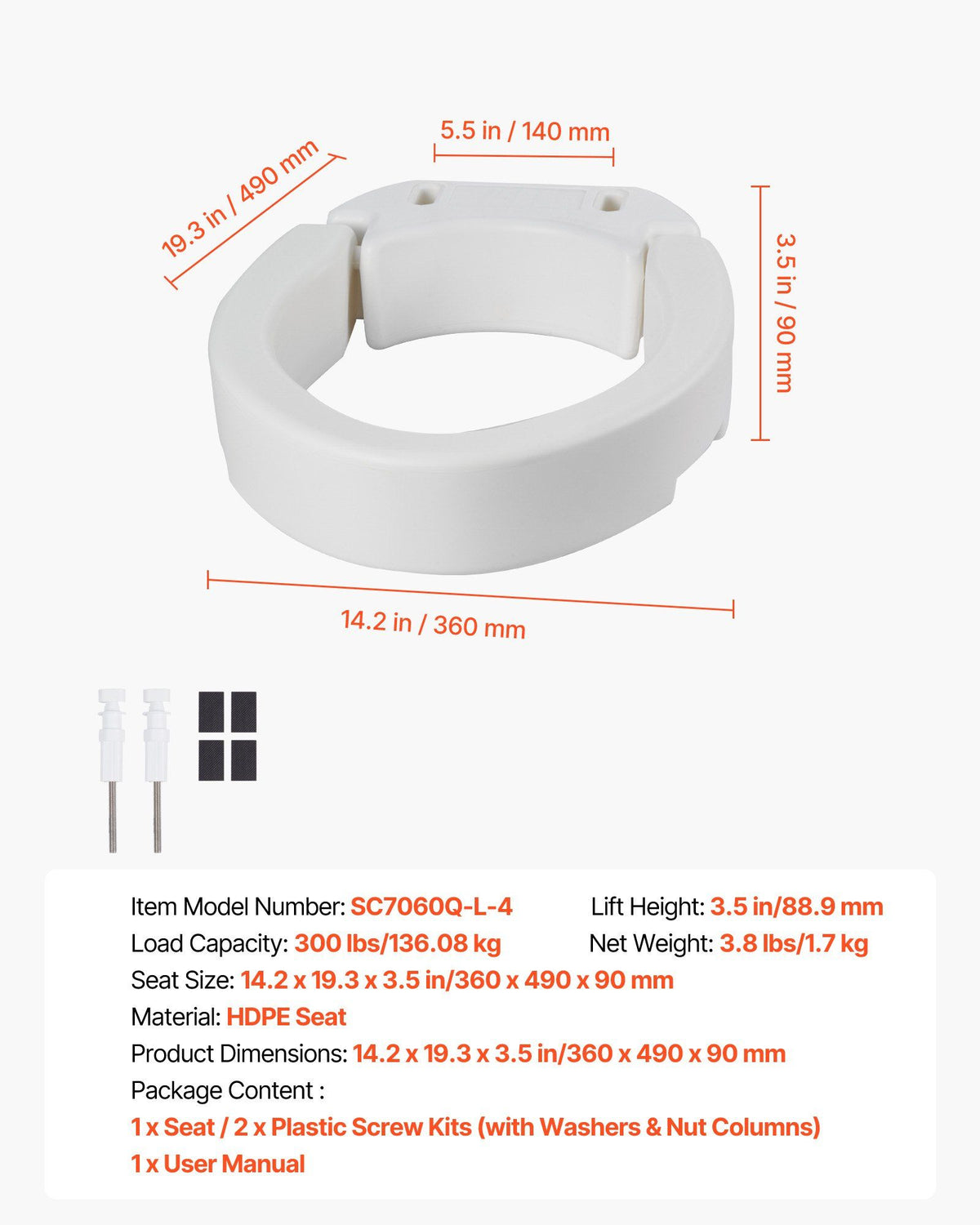 Raised Toilet Seat, 136.1 kg Load Capacity, 88.9 mm Lift Height, Commode Elevated Toilet Seat Riser with V952-AZSJGMTZD35YO6XQR001V0