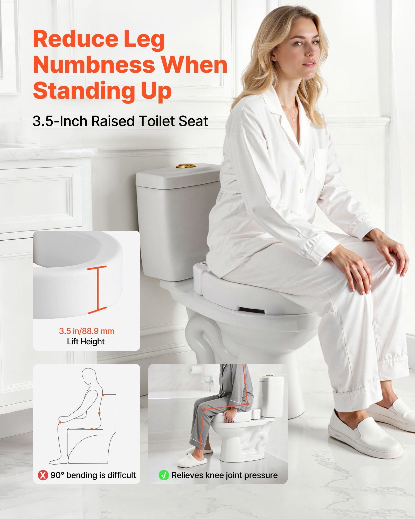 Raised Toilet Seat, 136.1 kg Load Capacity, 88.9 mm Lift Height, Commode Elevated Toilet Seat Riser with V952-AZSJGMTZD35YVGGYI001V0