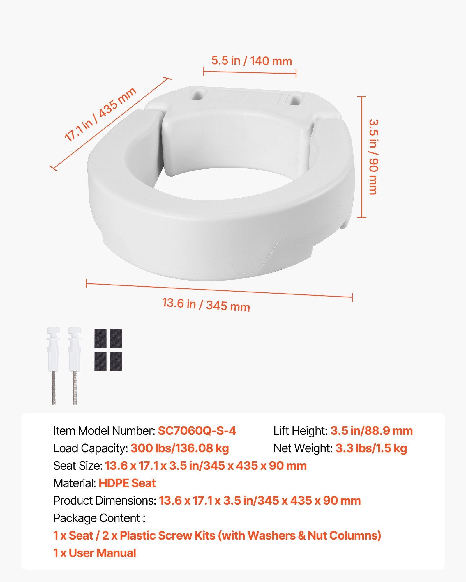 Raised Toilet Seat, 136.1 kg Load Capacity, 88.9 mm Lift Height, Commode Elevated Toilet Seat Riser with V952-AZSJGMTZD35YVGGYI001V0