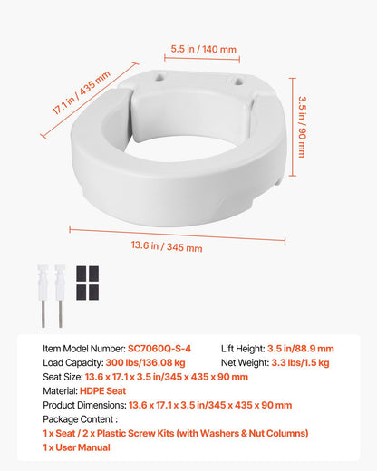 Raised Toilet Seat, 136.1 kg Load Capacity, 88.9 mm Lift Height, Commode Elevated Toilet Seat Riser with V952-AZSJGMTZD35YVGGYI001V0