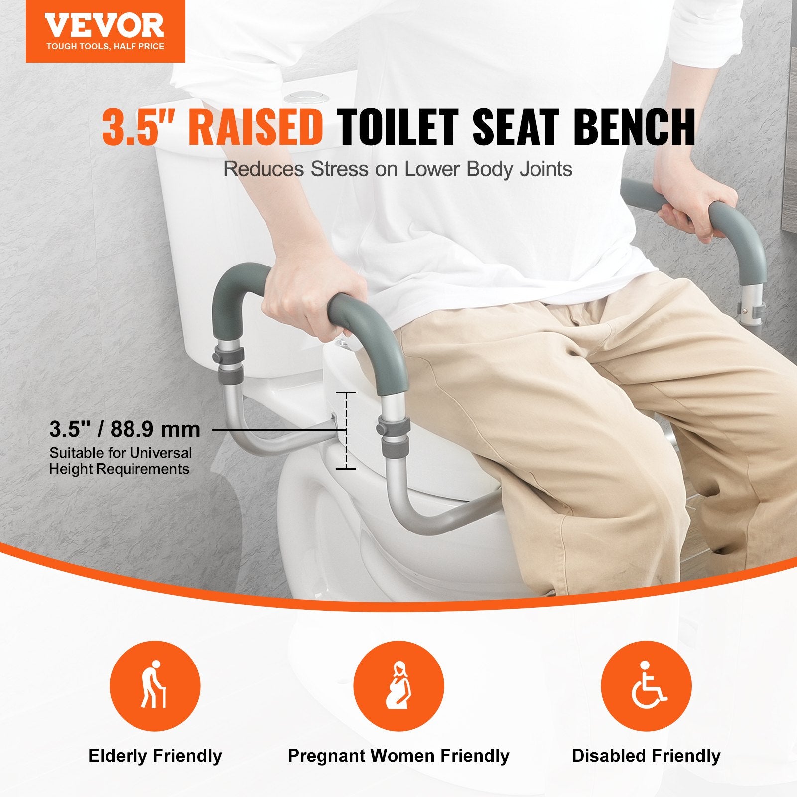 Raised Toilet Seat,88.9 mm Height Raised, 136 kg Weight Capacity, for Standard Round Toilet, Aluminum V952-AZSJGMTZDDFSTV95SV0