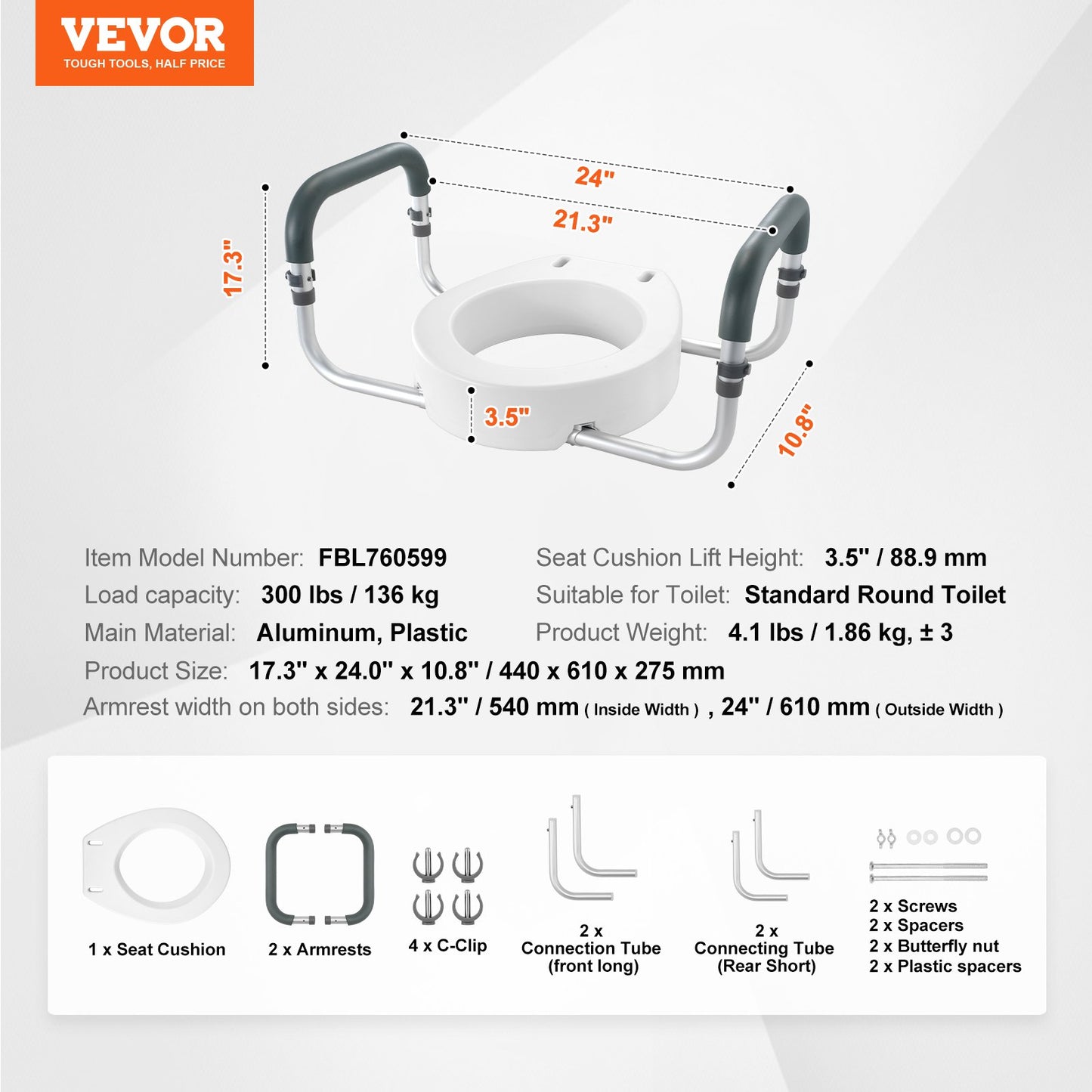 Raised Toilet Seat,88.9 mm Height Raised, 136 kg Weight Capacity, for Standard Round Toilet, Aluminum V952-AZSJGMTZDDFSTV95SV0