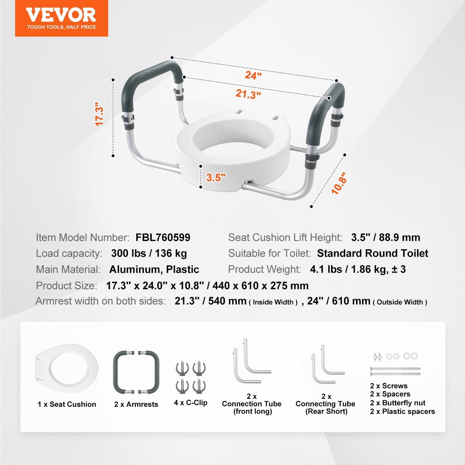 Raised Toilet Seat,88.9 mm Height Raised, 136 kg Weight Capacity, for Standard Round Toilet, Aluminum V952-AZSJGMTZDDFSTV95SV0