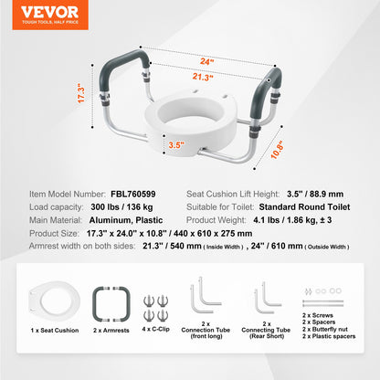 Raised Toilet Seat,88.9 mm Height Raised, 136 kg Weight Capacity, for Standard Round Toilet, Aluminum V952-AZSJGMTZDDFSTV95SV0