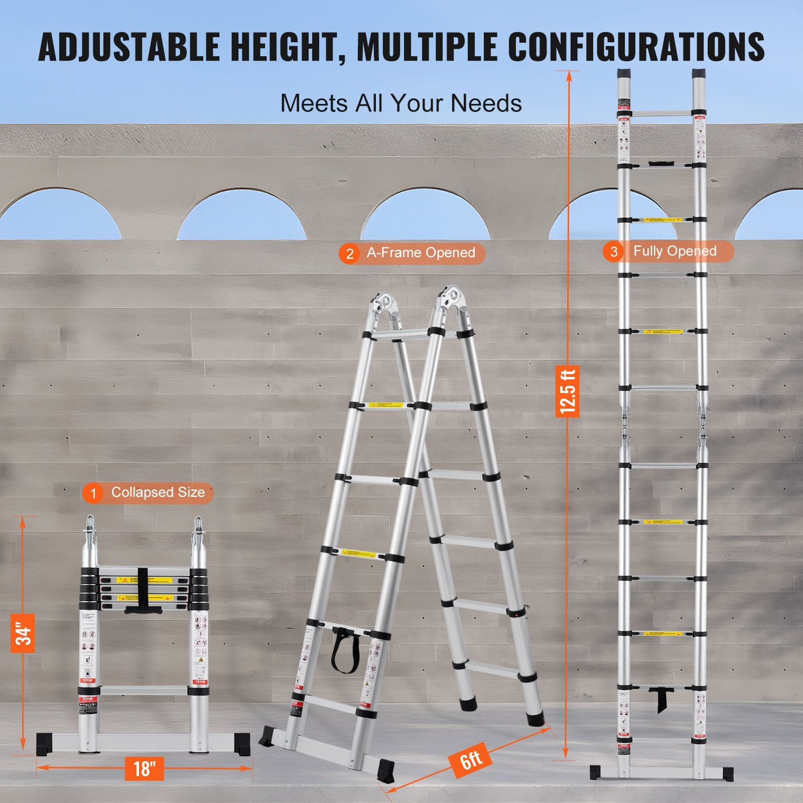 Telescoping Extension Ladder 12.5FT A-Shape w/ Stabilizer Bar for RV V952-AZXSSLTNLSLK7NWR8V0