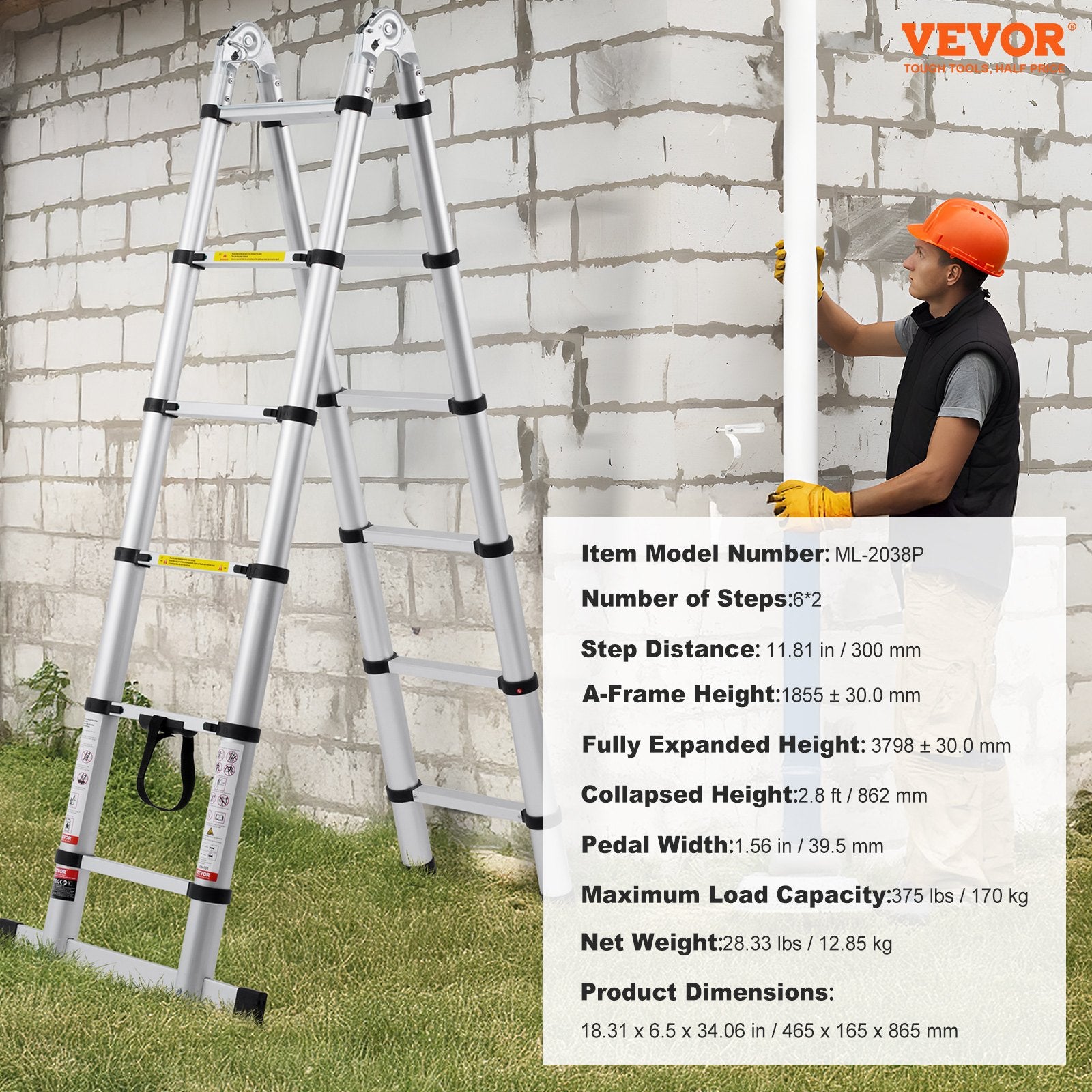 Telescoping Extension Ladder 12.5FT A-Shape w/ Stabilizer Bar for RV V952-AZXSSLTNLSLK7NWR8V0