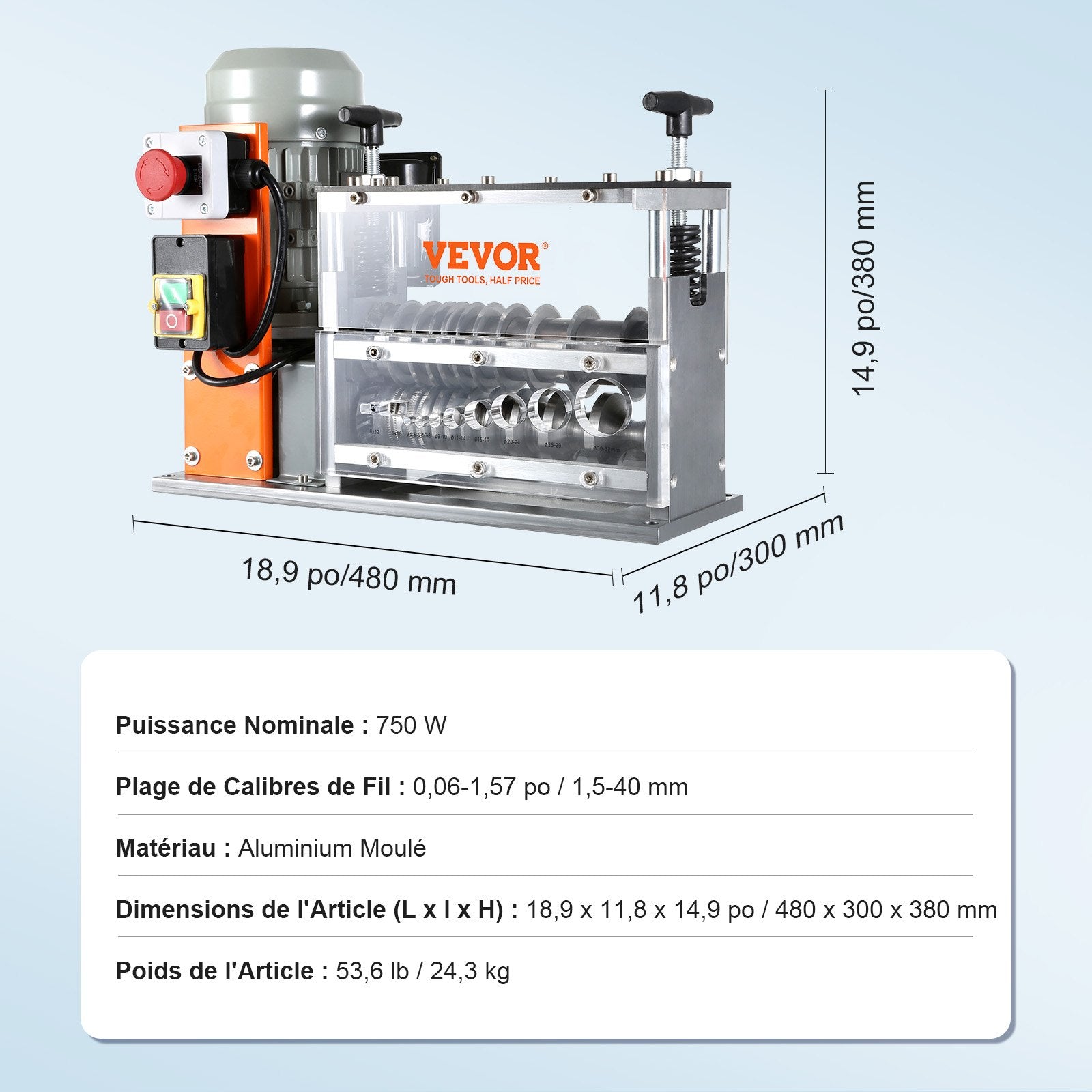 Automatic Wire Stripping Machine, 0.06''-1.57'' Electric Motorized Cable Stripper, 750 W, 98 ft/min Wire V952-B750W101538MMFDI9V3