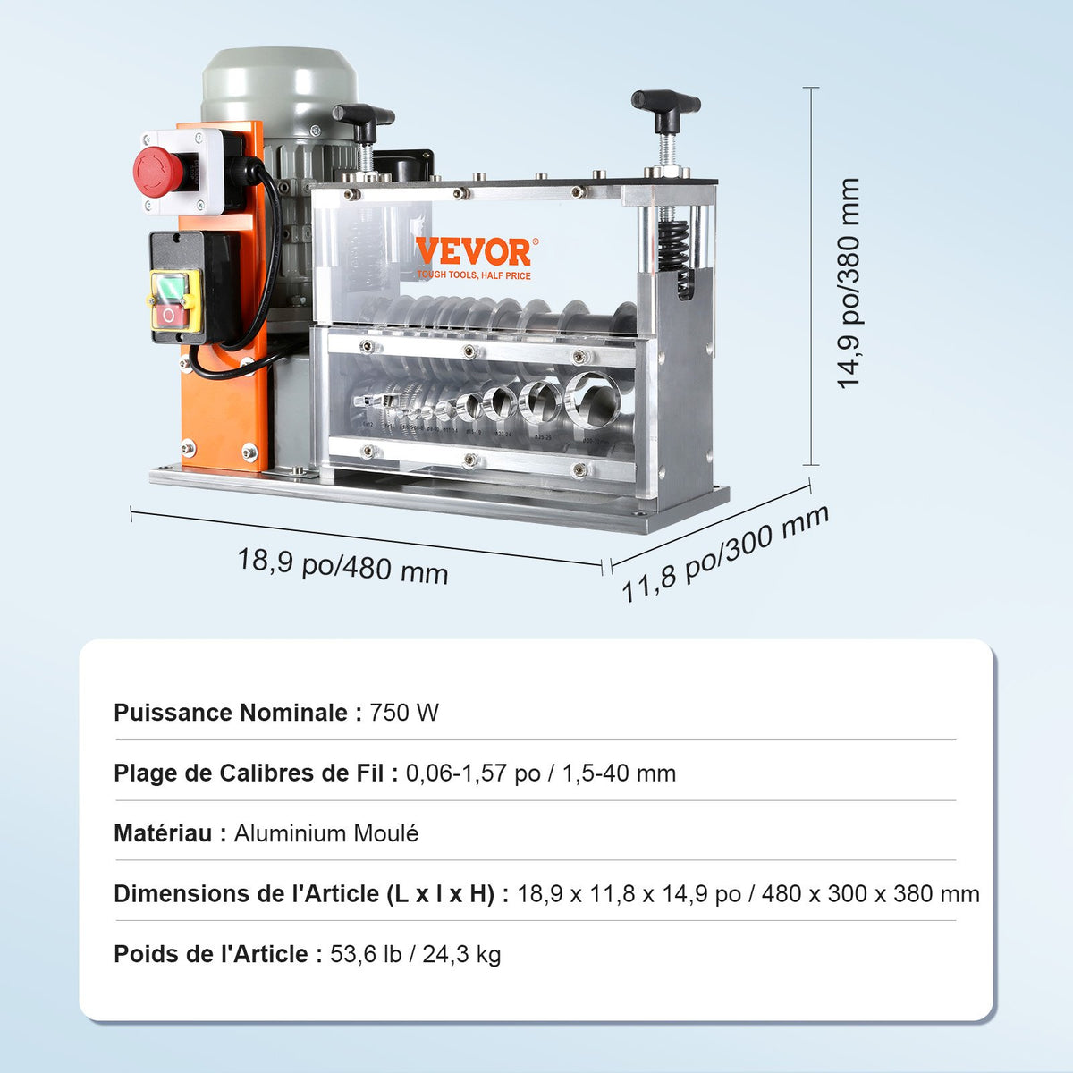 Automatic Wire Stripping Machine, 0.06''-1.57'' Electric Motorized Cable Stripper, 750 W, 98 ft/min Wire V952-B750W101538MMFDI9V3