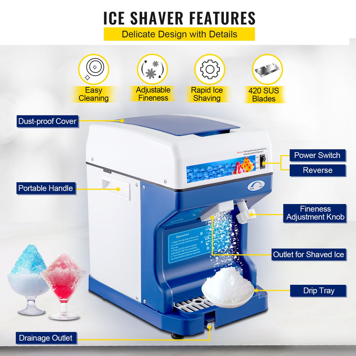 Ice Shaver 265LBS/Hour Snow Cone Frozen Ice Shaving Slushie Dessert Maker Stainless Steel Food Grade for V952-BBJ168SY000000001V3