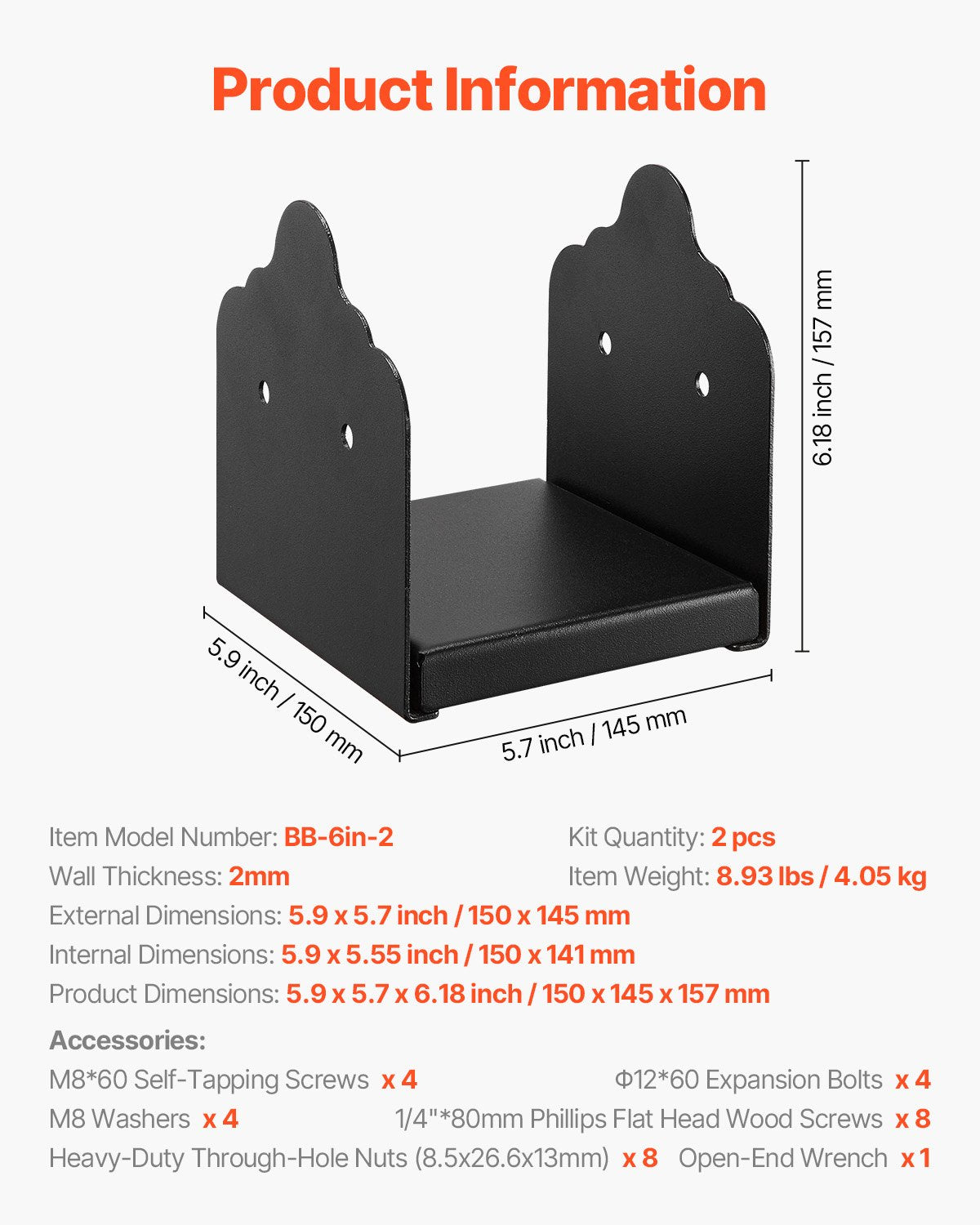 6x6 Post Base 2 Pcs, Inner Size 5.9x5.55 inch / 150x141 mm Post Brackets, Heavy Duty Carbon Steel Decking V952-BBLZDZTG1PCS9BMQZ001V0