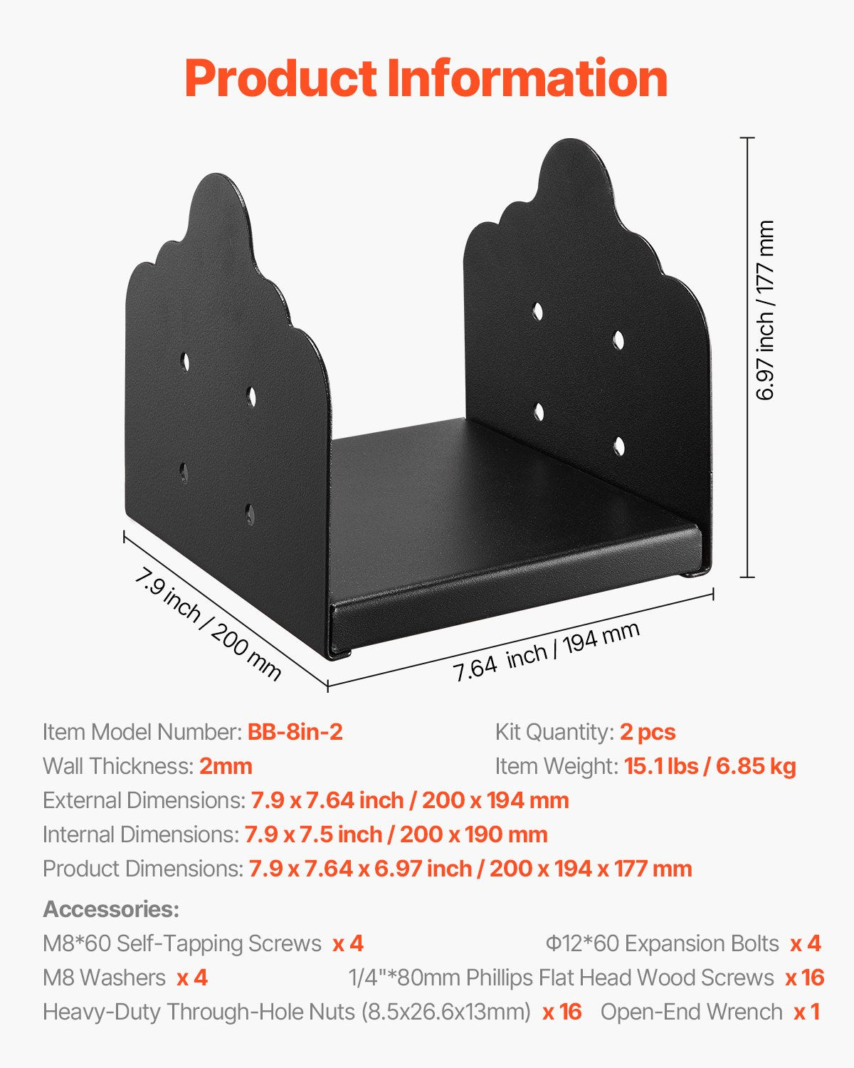 8x8 Post Base 2 Pcs, Inner Size 7.9x7.5 inch / 200x190 mm Post Brackets, Heavy Duty Carbon Steel Decking V952-BBLZDZTG1PCSPAADQ001V0