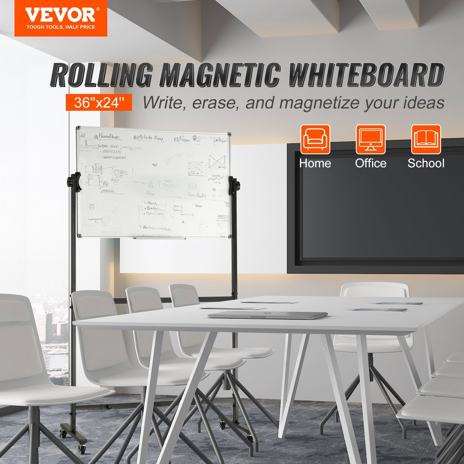 91.5x61cm Rolling Magnetic Whiteboard, Double-sided Mobile Whiteboard, Adjustable Height Dry Erase Board with V952-BBYCDL3624ABSW8OMV0