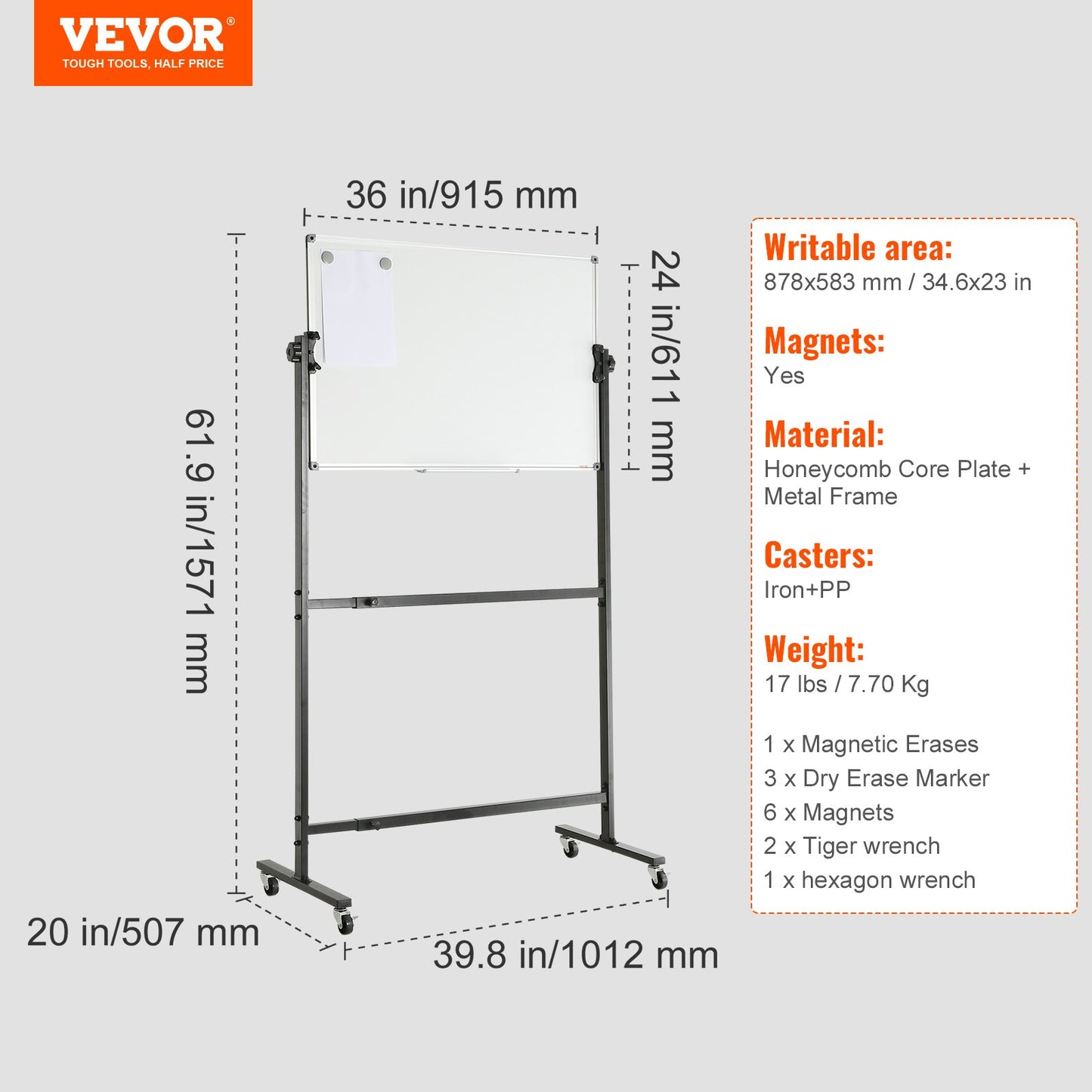 91.5x61cm Rolling Magnetic Whiteboard, Double-sided Mobile Whiteboard, Adjustable Height Dry Erase Board with V952-BBYCDL3624ABSW8OMV0