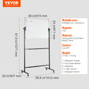 91.5x61cm Rolling Magnetic Whiteboard, Double-sided Mobile Whiteboard, Adjustable Height Dry Erase Board with V952-BBYCDL3624ABSW8OMV0