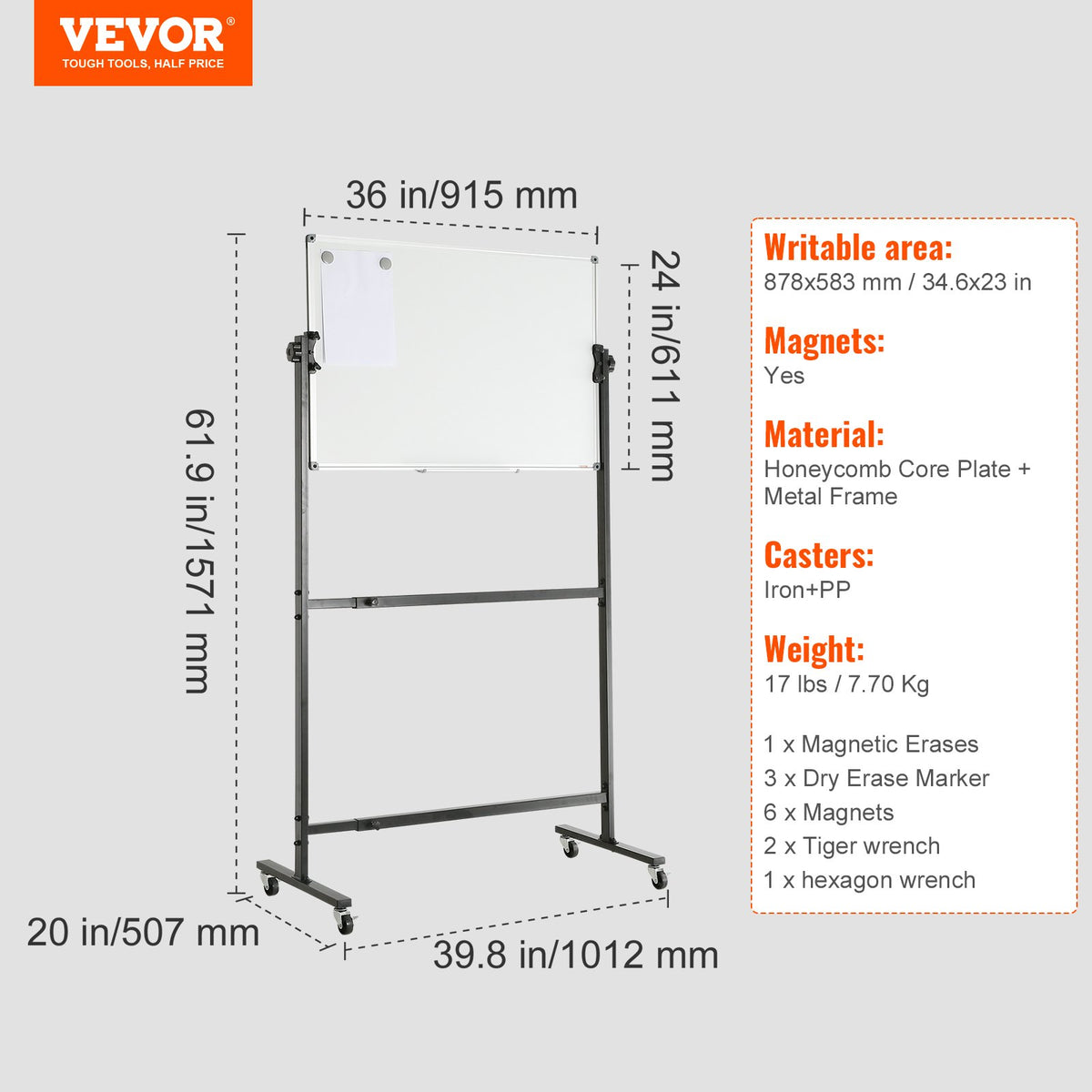91.5x61cm Rolling Magnetic Whiteboard, Double-sided Mobile Whiteboard, Adjustable Height Dry Erase Board with V952-BBYCDL3624ABSW8OMV0