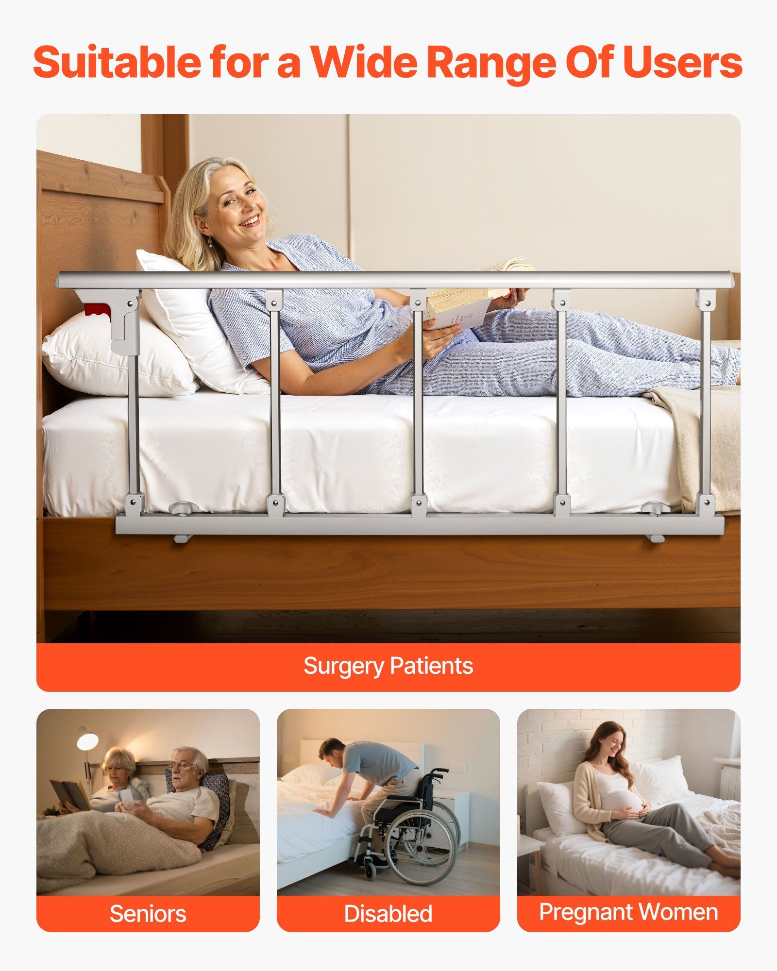 Foldable Bed Rail for Elderly, 122 cm Bedside Assist Rail with Fixing Strap, Adjustable Height Pipe Bedside V952-BCBSBCBSKZD1BAXNX001V0