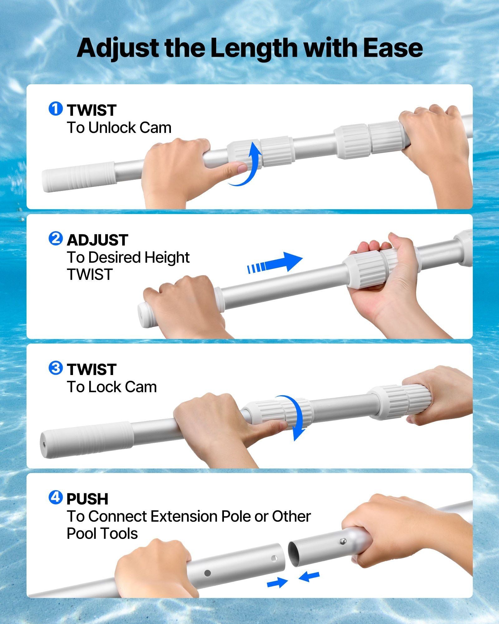 Pool Pole, 1 to 3.66 m Telescoping Swimming Pool Cleaning Poles, Professional Adjustable Telescopic Pole with V952-BCGYCQJTJYCGUEC1M001V0