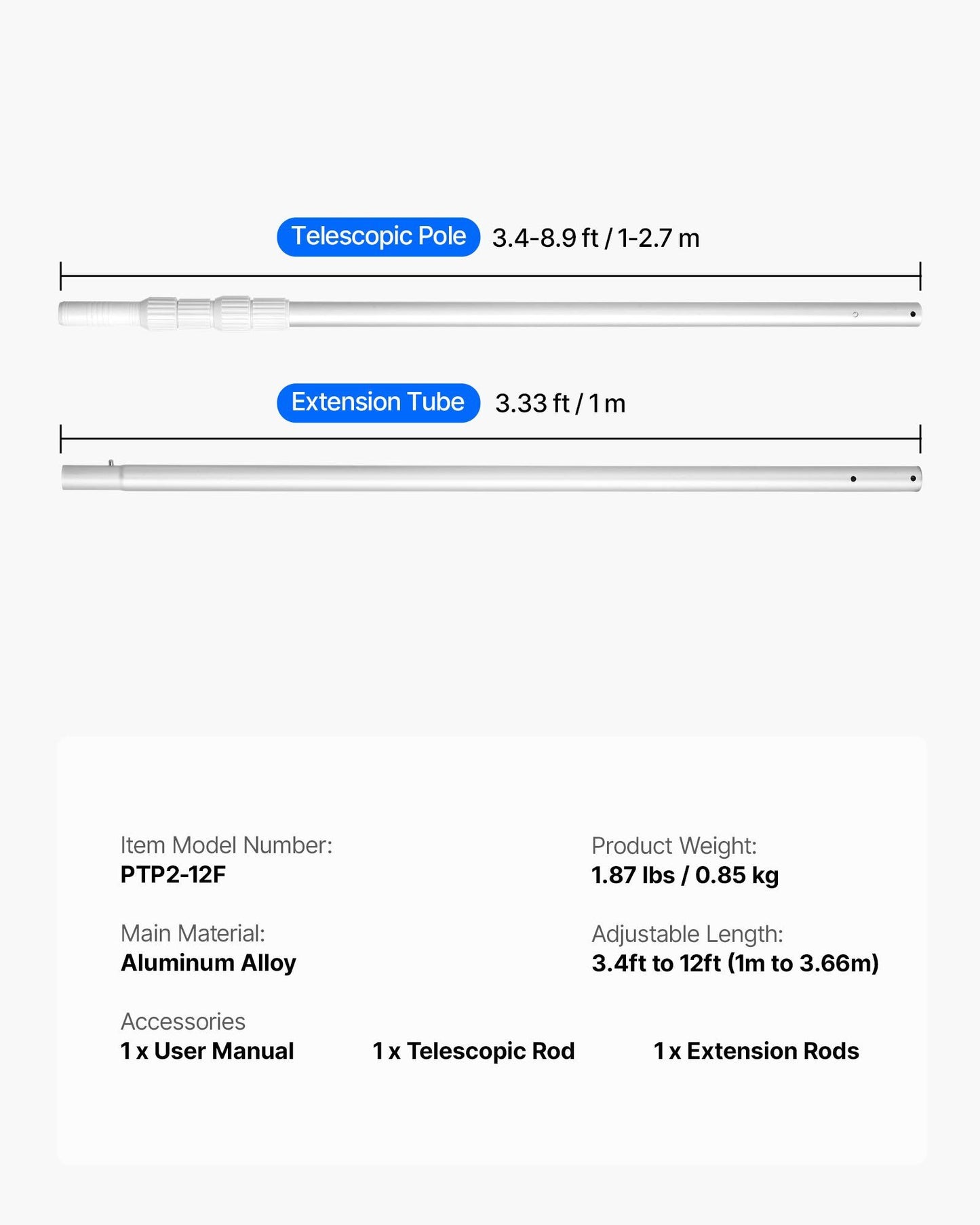 Pool Pole, 1 to 3.66 m Telescoping Swimming Pool Cleaning Poles, Professional Adjustable Telescopic Pole with V952-BCGYCQJTJYCGUEC1M001V0