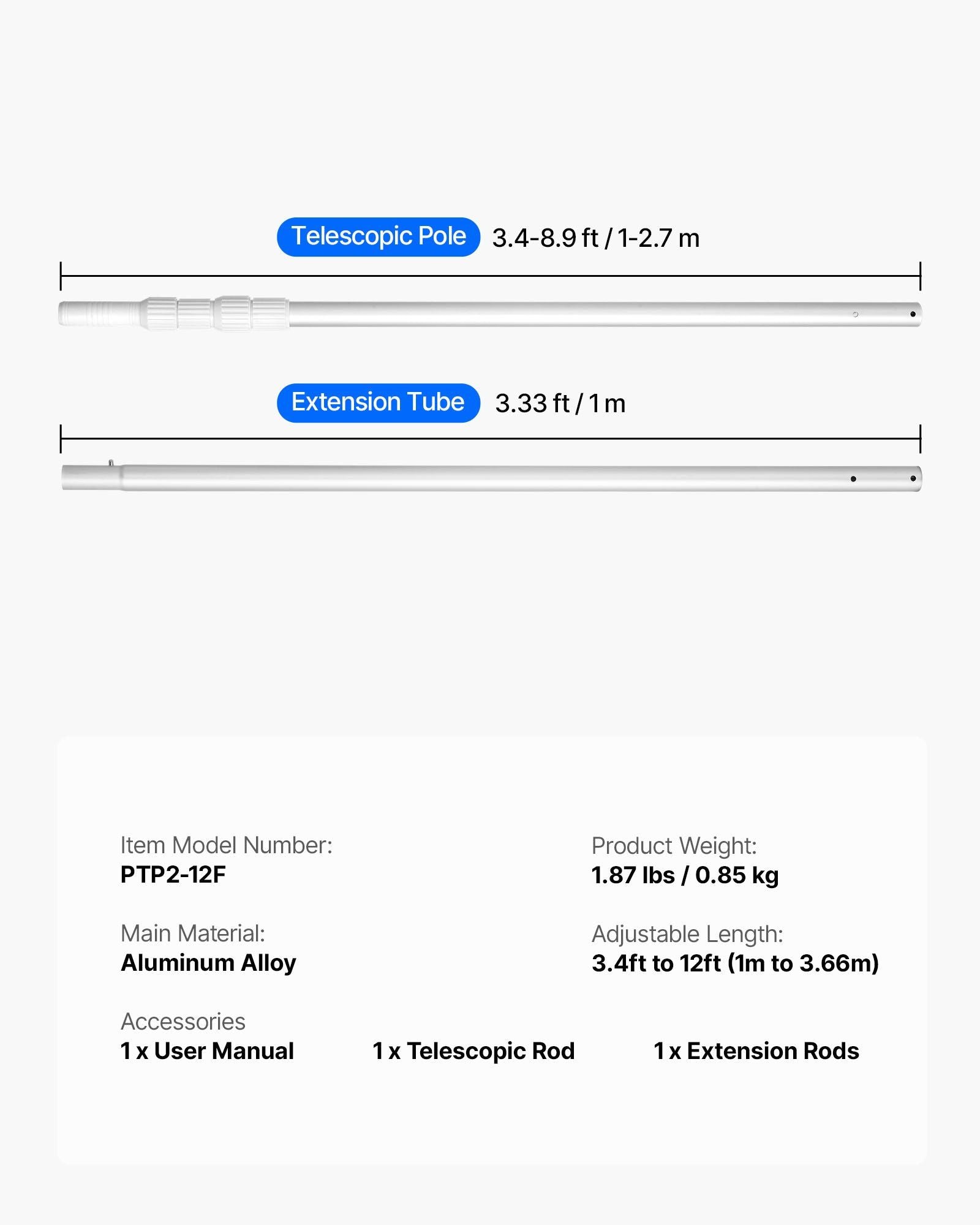 Pool Pole, 1 to 3.66 m Telescoping Swimming Pool Cleaning Poles, Professional Adjustable Telescopic Pole with V952-BCGYCQJTJYCGUEC1M001V0