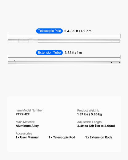 Pool Pole, 1 to 3.66 m Telescoping Swimming Pool Cleaning Poles, Professional Adjustable Telescopic Pole with V952-BCGYCQJTJYCGUEC1M001V0