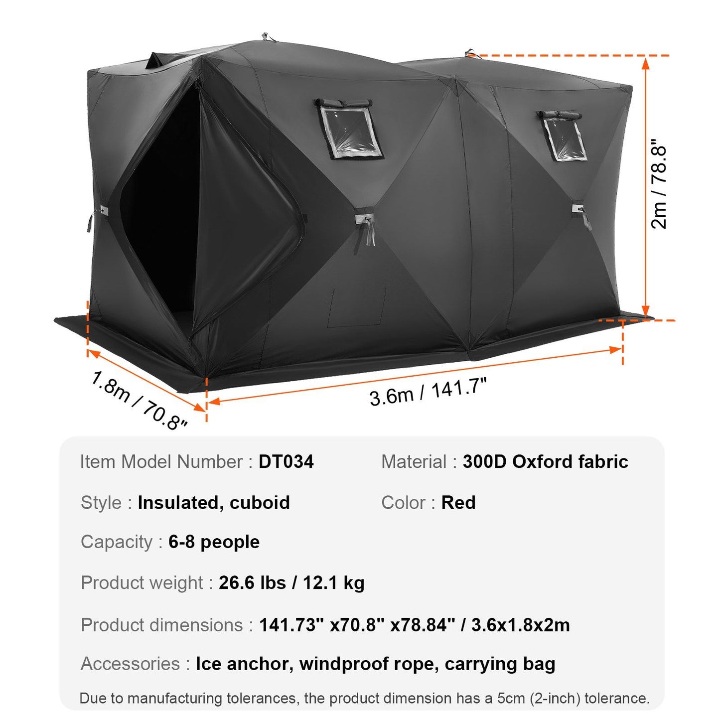 Portable Ice Shelter, 6-8 Person Pop-Up Ice Fishing Tent, 70 Square Feet Fishable Area, Ice Shanty for Winter V952-BDBHS141737003OIPV0