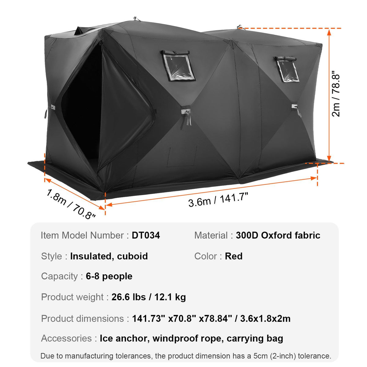 Portable Ice Shelter, 6-8 Person Pop-Up Ice Fishing Tent, 70 Square Feet Fishable Area, Ice Shanty for Winter V952-BDBHS141737003OIPV0