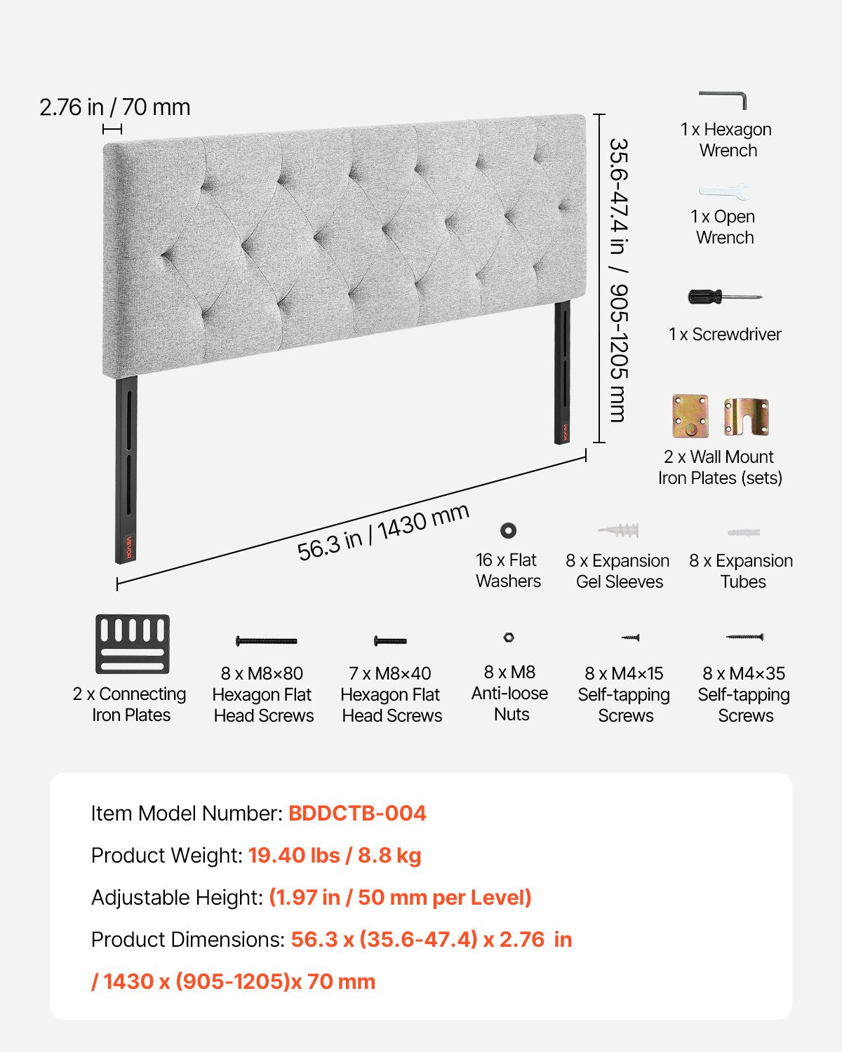 Headboard, Full Size Headboard with Adjustable Height, Comfortable Diamond Tufted for Full Size Bed, W 56.3 x V952-BDDCTBFULLW5EX1OJ002V0