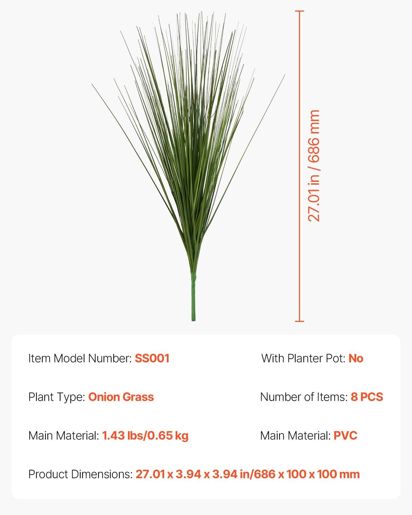 Artificial Grass Plant, 686mm Faux Onion Grass Fake Greenery Shrubs Plant, Premium PVC for Indoor Outdoor V952-BDPYCC27INCHKIB2V001V0