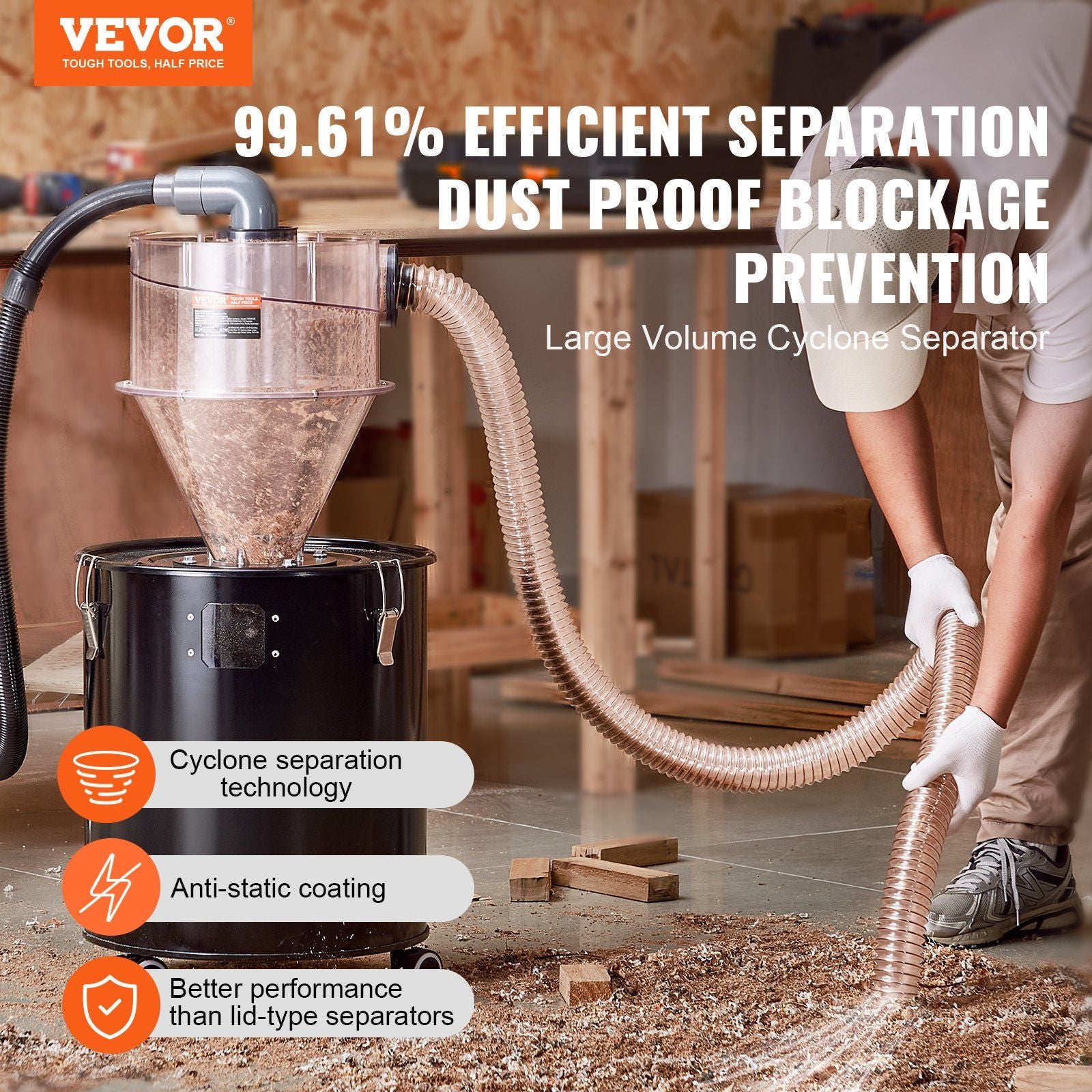 Cyclone Dust Separator, 4" Retrofit Cyclone Separator for Dust Collectors, ABS Dust Deputy With 2" Hole O.D. V952-BDTXFCCQTJZXTEJX5V0