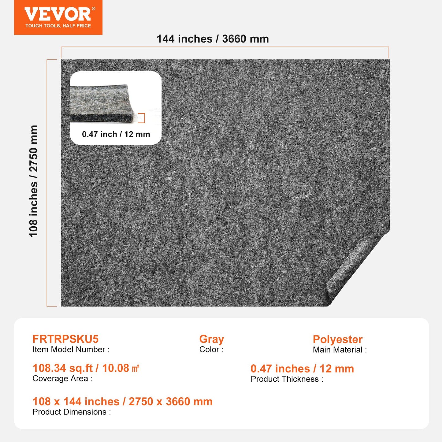 Rug Pad Gripper 9' x 12' Protective Carpet Pad 0.47" Thick for All Floors V952-BFHDTDMZ1011G28J1V0