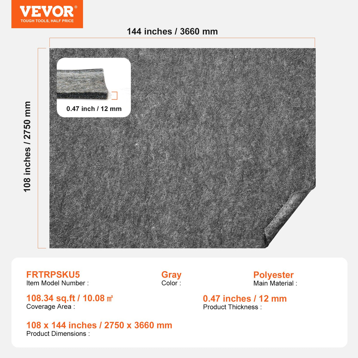 Rug Pad Gripper 9' x 12' Protective Carpet Pad 0.47" Thick for All Floors V952-BFHDTDMZ1011G28J1V0