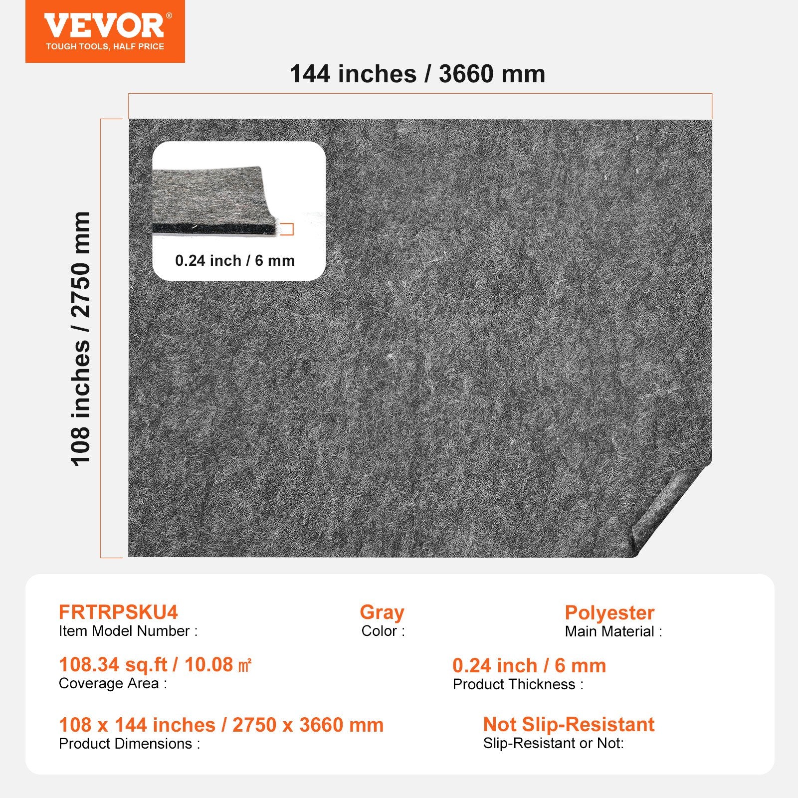 Rug Pad Without Slip Resistance, Protective Cushioning Carpet Pad, 9' x 12', 1/4"Thick, 100% Pure Polyester V952-BFHDTDSXPMFHLSBLLV0