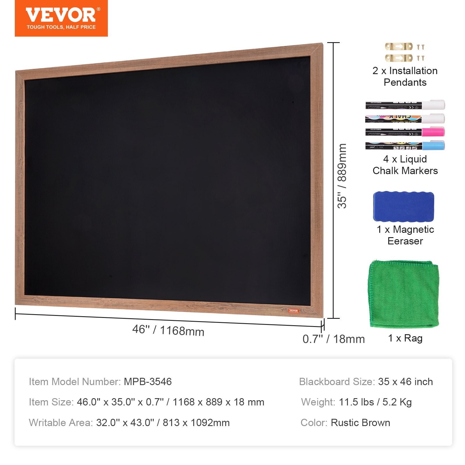35"x46" Rustic Wood Framed Chalkboard Wall Hanging Magnetic Wedding Sign V952-BG3546INCHMDFSHWLV0