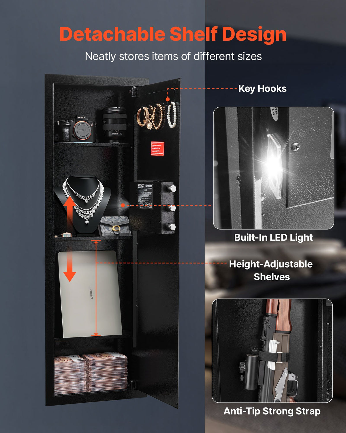 Wall Safe, 4-Tier Hidden Wall Mounted Gun Safe with Password & Key, Q235 Cold-Rolled Steel In-Wall Box with V952-BGBXJ39144341RL29001V9