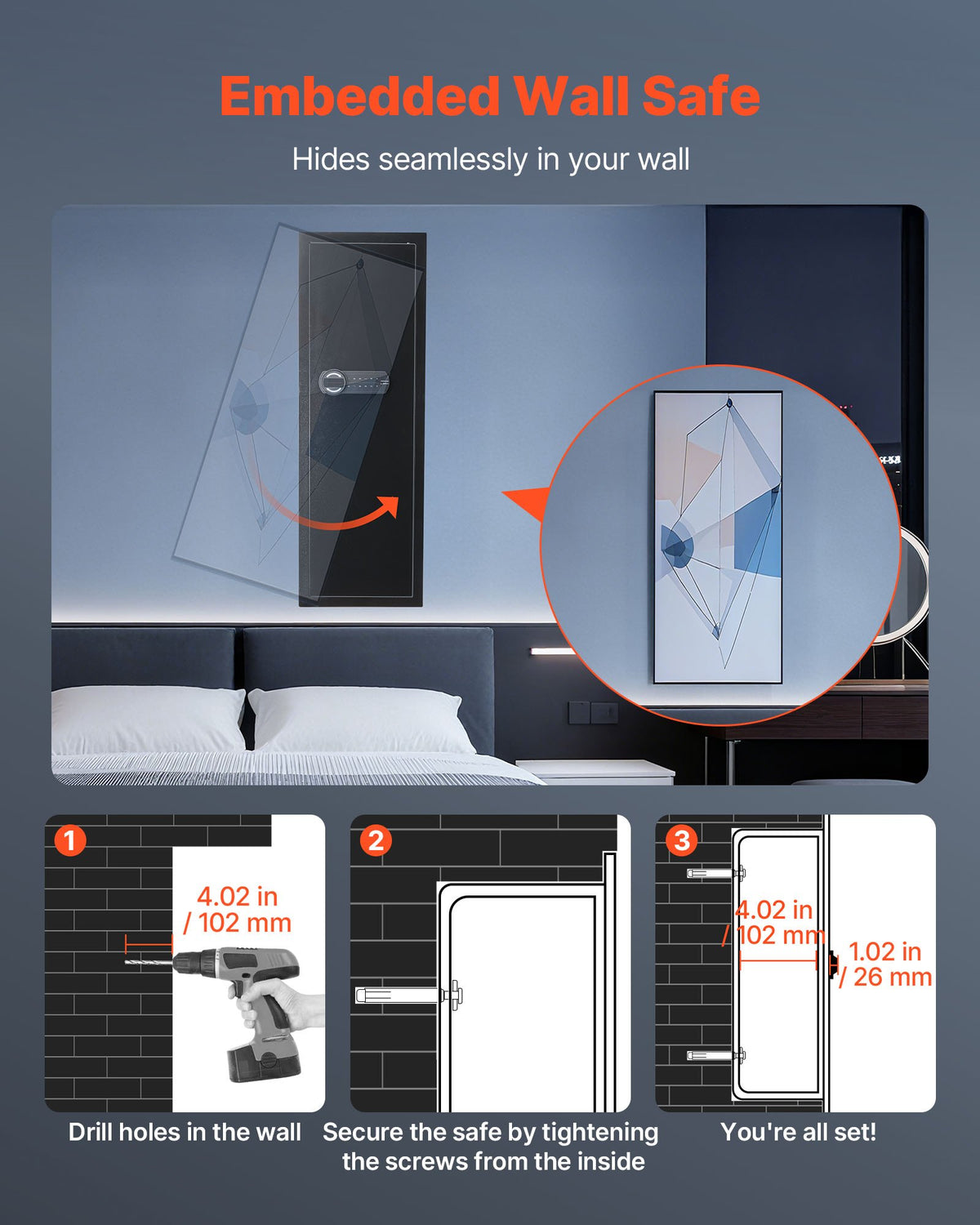 Wall Safe, 4-Tier Hidden Wall Mounted Gun Safe with Password & Key, Q235 Cold-Rolled Steel In-Wall Box with V952-BGBXJ39144341RL29001V9