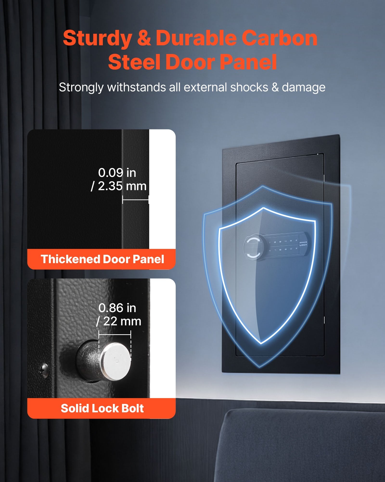 Wall Safe, 3-Tier Hidden Wall Mounted Safe with Password & Key, Q235 Cold-Rolled Steel In-Wall Box with LED V952-BGBXJ4145625LE5K9001V9