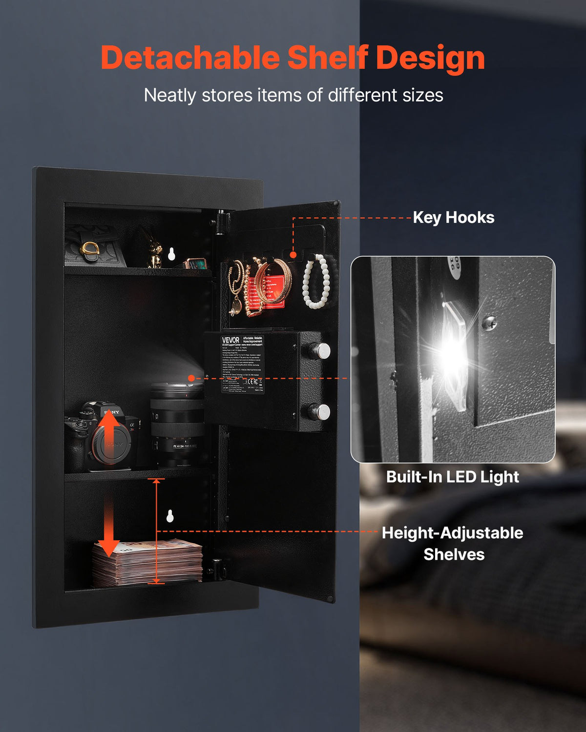 Wall Safe, 3-Tier Hidden Wall Mounted Safe with Password & Key, Q235 Cold-Rolled Steel In-Wall Box with LED V952-BGBXJ4145625LE5K9001V9