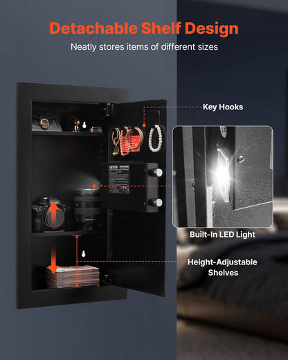 Wall Safe, 3-Tier Hidden Wall Mounted Safe with Password & Key, Q235 Cold-Rolled Steel In-Wall Box with LED V952-BGBXJ4145625LE5K9001V9