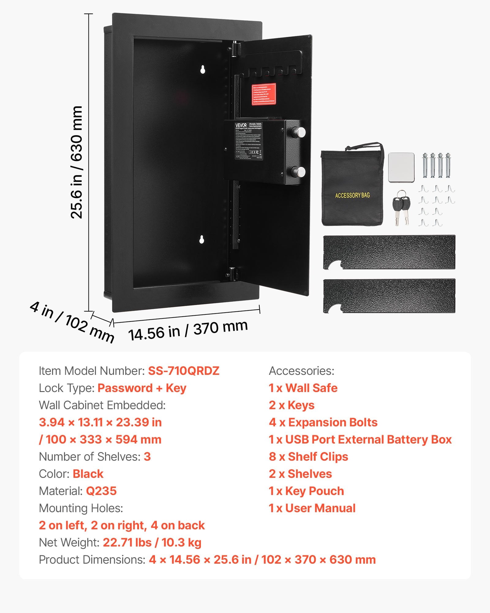 Wall Safe, 3-Tier Hidden Wall Mounted Safe with Password & Key, Q235 Cold-Rolled Steel In-Wall Box with LED V952-BGBXJ4145625LE5K9001V9