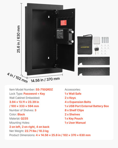 Wall Safe, 3-Tier Hidden Wall Mounted Safe with Password & Key, Q235 Cold-Rolled Steel In-Wall Box with LED V952-BGBXJ4145625LE5K9001V9