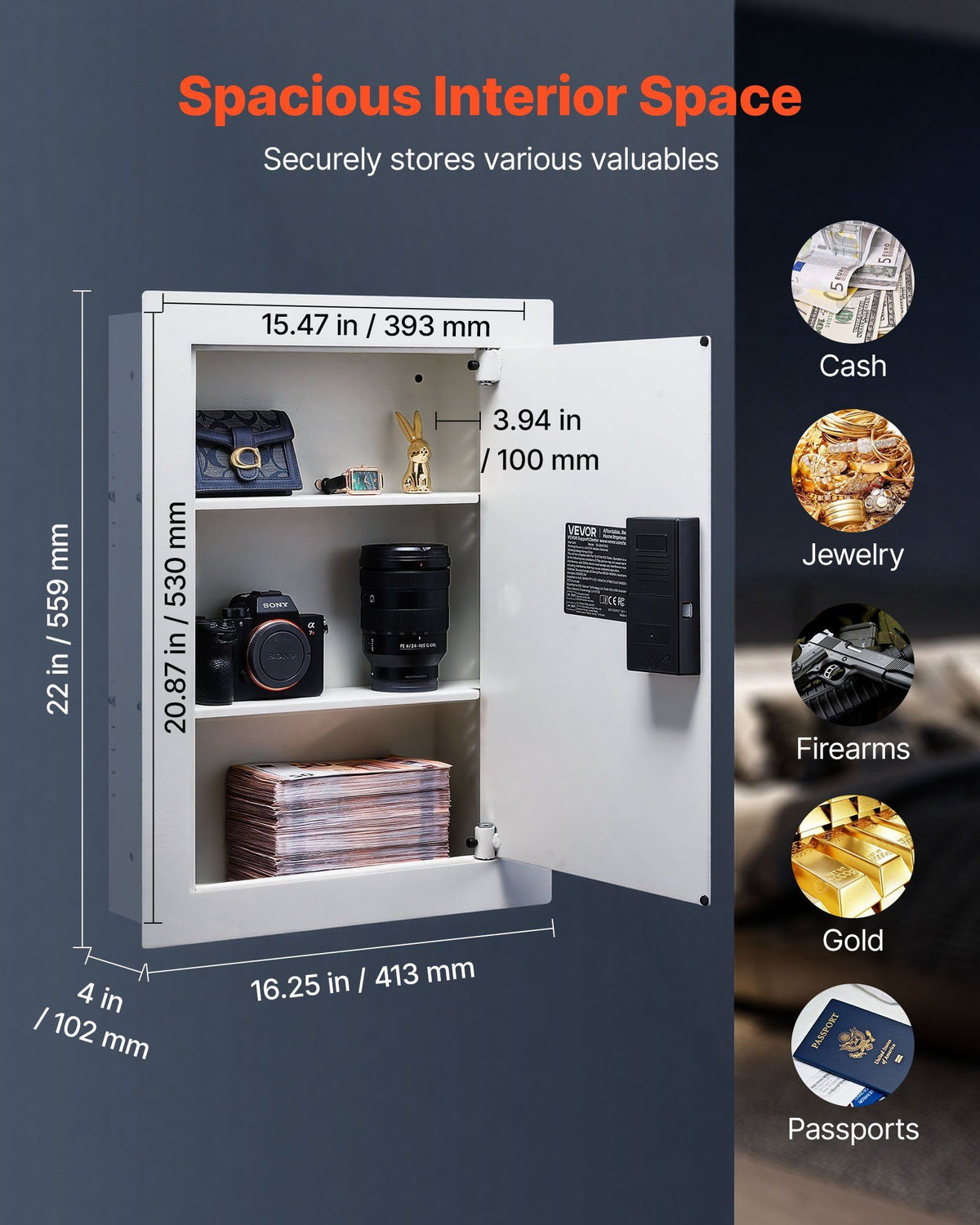 0.83 sq.ft Wall Safe, 3-Tier Hidden Wall Safe with Password, Key & Turning Knob, Q235 Cold-Rolled Steel V952-BGBXJ4162522X2SV6001V9