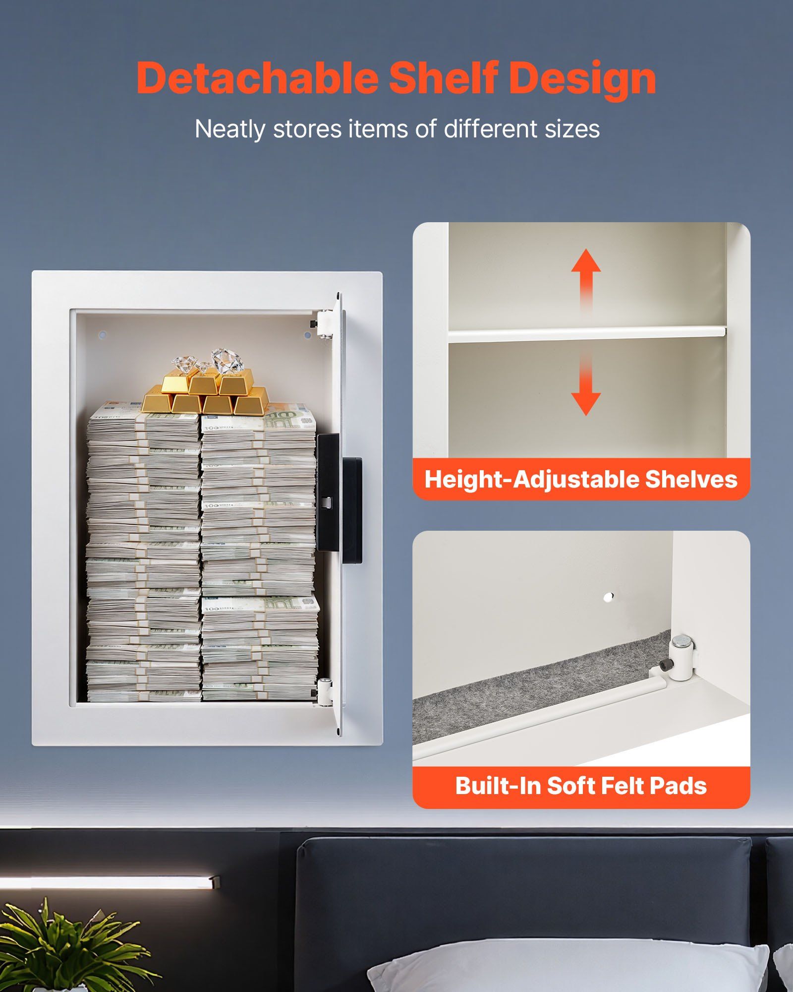 0.83 sq.ft Wall Safe, 3-Tier Hidden Wall Safe with Password, Key & Turning Knob, Q235 Cold-Rolled Steel V952-BGBXJ4162522X2SV6001V9